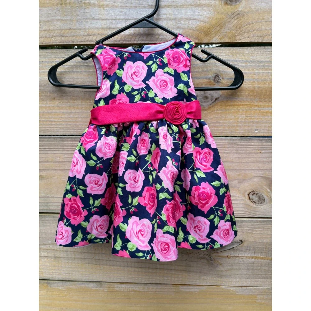 American Princess Baby Girls Navy Pink Floral Rose Dress Satin Sash 18M 44513